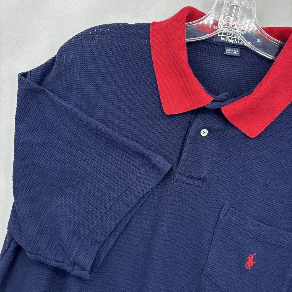 Vintage Polo Ralph Lauren Polo Shirt Mens XL Navy Red Collar Waffle Knit USA 90s